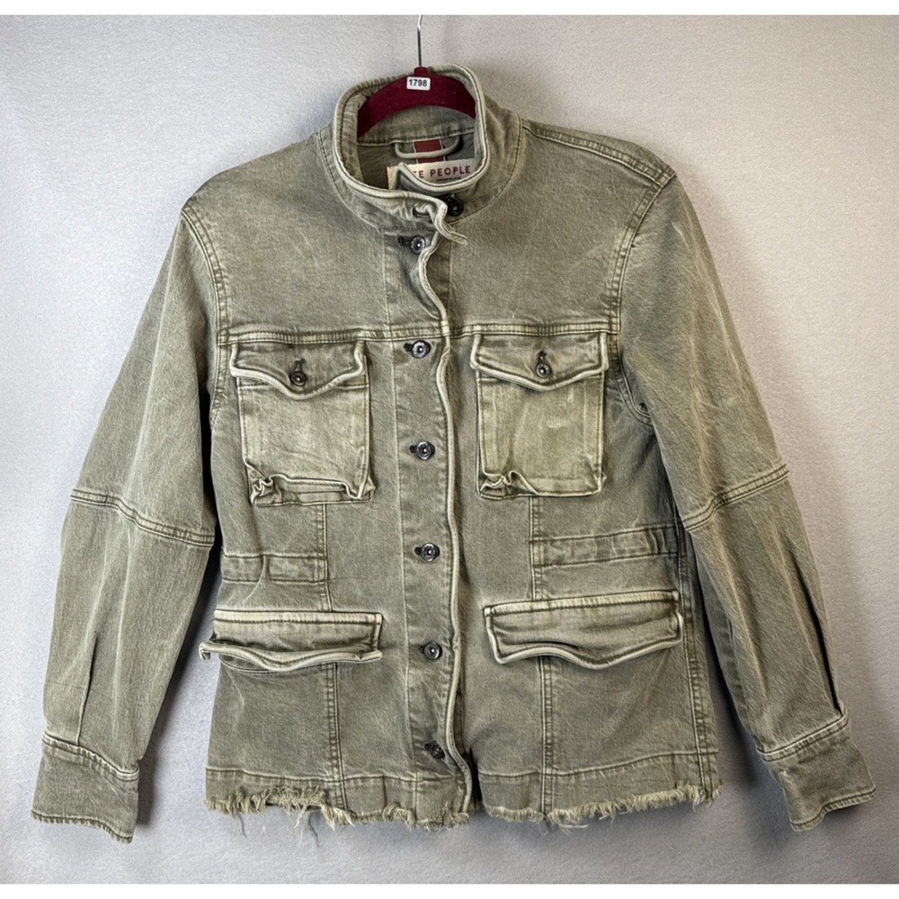 Free People Field Jacket Size XS Olive Military Utility Raw Hem Chic Frayed Bar